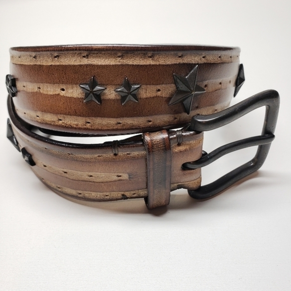 Post & Co Mens Handmade Italian Brown Leather Riveted Stars Belt SZ 34-36